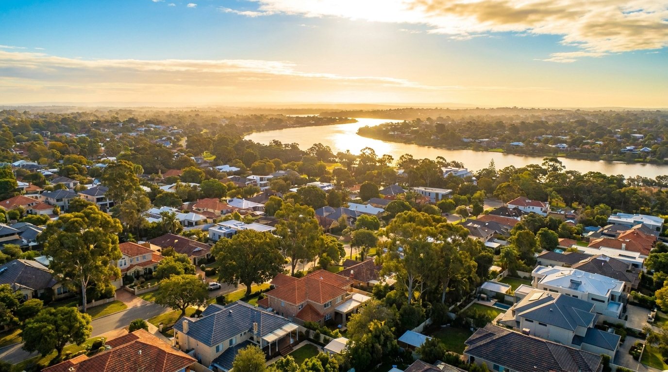 Golden morning over Perth riverside suburbs, concept image